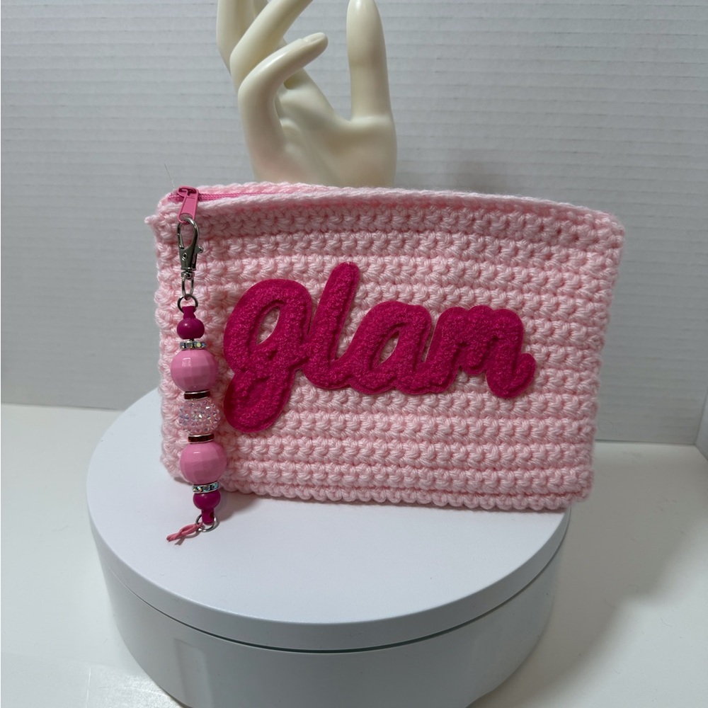 Crochet Pouch Pink with 'Glam' Design